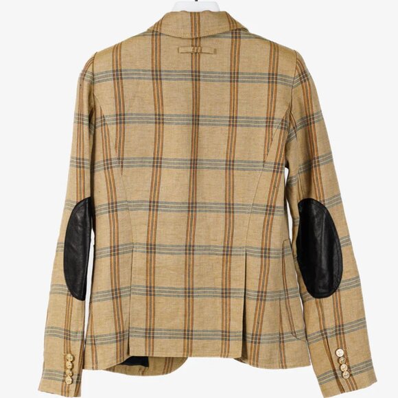 Chic Pre-Loved Smythe Tan & Navy Burlap Plaid Linen Duchess Blazer - Women's 2 - Picture 2 of 12